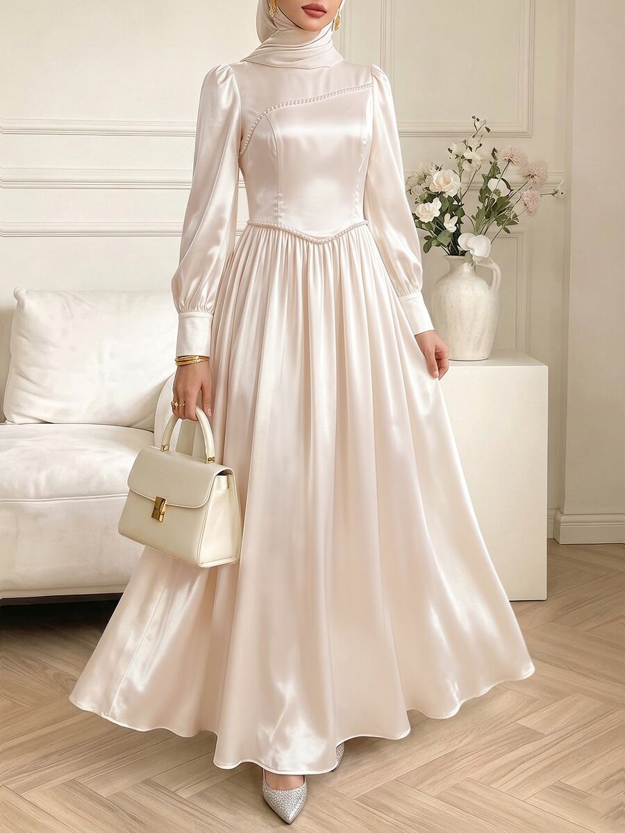Celisse Gaun Satin Lengan Lentera Leher Tinggi - Aprikot - View 1