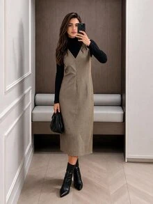 Easowa Plaid Print Split Hem Overall Dress Without Tee - Khaki - View 2