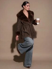 SHEIN BAE CURVE Plus Size Women Long Sleeve Overlap Design Belt Splicing Fur Collar Jacket - Multicolor - View 8
