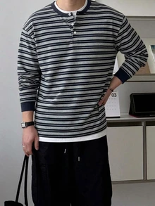 DAZY Men's Brown & Blue Striped Fabric Crew Neck Half-Button Front Ribbed Cuff T-Shirt, Spring/Autumn - Navy Blue - View 2