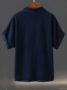 Elenzga Atasan Denim Lengan Pendek Kasual Ukuran Plus Wanita dengan Bordir di Bagian Depan - Dark Wash - View 2