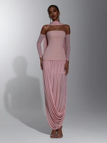 Elitara Elegant Minimalist Lotus Pink Knit Mesh Tube Top 2 In 1 Asymmetrical Ruched Hem Bridesmaid Dress - Dusty Pink - View 5