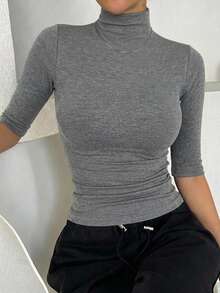 DAZY Women's Solid Color High Neck Casual Daily Wear T-Shirt - Grey - View 1