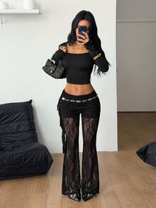 Coolane 女款四季秋季街頭風性感Y2K復古約會百搭彈性黑色蕾絲肩帶小碼喇叭褲休閒運動長褲 - 黑色 - 查看 2