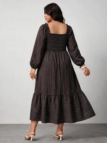 Enliva Plus Size Women's Vacation Loose Plaid Dress - Brown - View 2