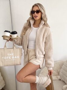 Easowa Zipper Front Plush Jacket Casual Relaxed Elegant Commute Old Money Style Autumn/Winter Women's Jacket - Khaki - View 2