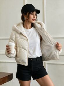 Selianne Women's Winter Single Piece Plush Hooded Diagonal Quilted Short Loose Casual Daily Commute Padded Coat With Elastic Cuffs - Apricot - View 3