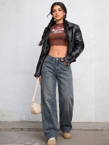 SHEIN ICON 女款寬鬆版牛仔褲 - 深色水洗藍 - 查看 4
