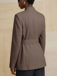 Aveloria Modichic Small Stand Collar Tweed Single-Breasted Metal Button Decor Belted Utility Jacket - Brown - View 2