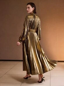 MOTF PREMIUM PLUS SIZE METALLIC SHEEN CINCHED WAIST FITTED PLEATED LONG A-LINE DRESS, AUTUMN/WINTER - Gold - View 5