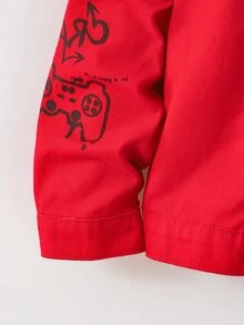 SHEIN 2Pcs Tween Boy Bear Game Graffiti Pattern Loose-Fitting Long-Sleeved Jacket And Stretchy Tight Jeans - Red - View 4