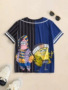SpongeBob SquarePants | SHEIN Tween Boy Letter Stripe Short Sleeve Crew Neck Casual T-Shirt - Blue - View 2