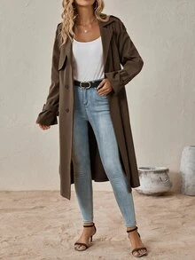 SHEIN Clasi 秋冬款落肩袖雙排扣繫腰風衣 - 咖啡棕 - 查看 3