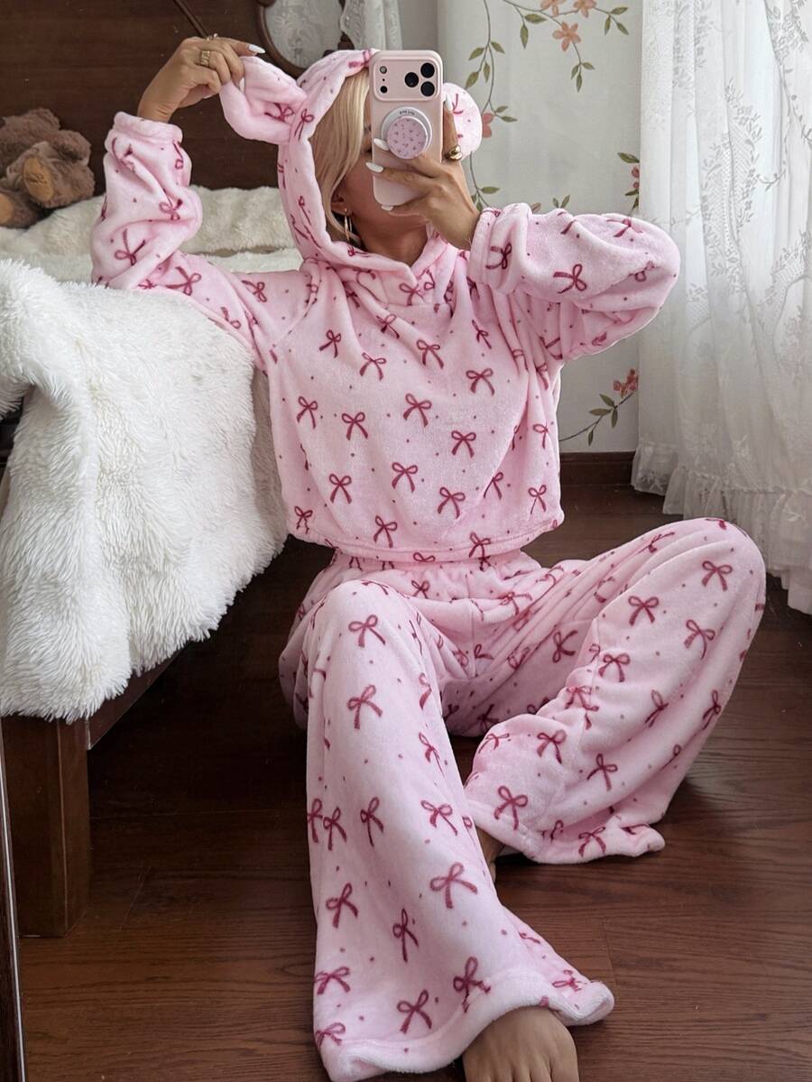 CottageSlumber Women's Pink Bow Hooded Pullover Pajama Set, Soft Plush Loungewear 2 Pieces Set - Pink - View 1