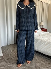 DAZY Women's Plaid Colorblock Long Sleeve Top And Pants Casual Daily Home Sleepwear Set - Navy Blue - View 3