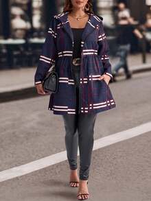 EMERY ROSE Plus Size Women Plaid Drawstring Waist Zip Up Casual Hooded Jacket,Winter Coat Women - Navy Blue - View 6