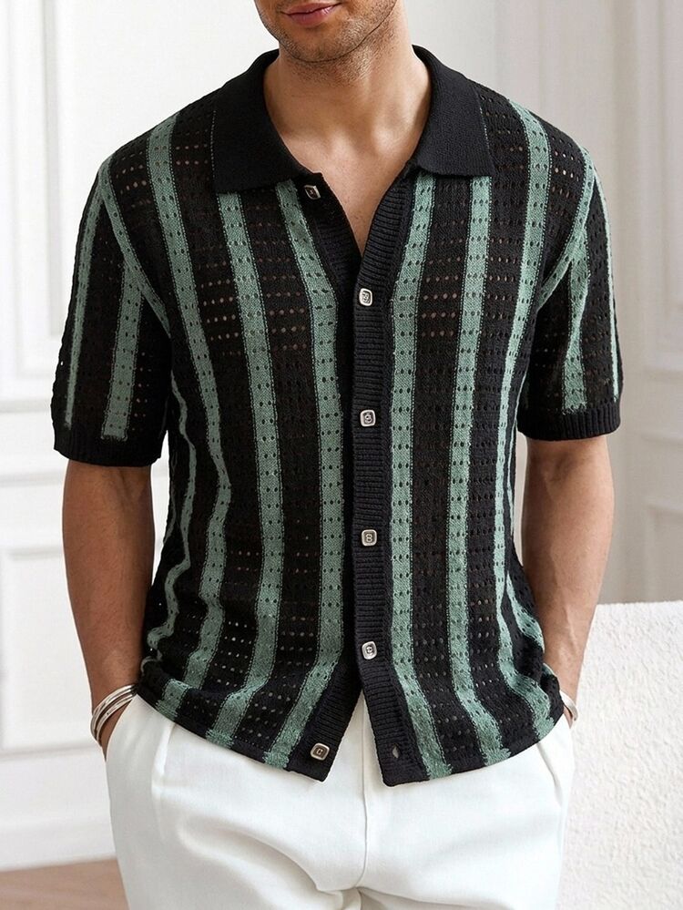 Manfinity Homme Men's Striped Short Sleeve Single-Breasted Casual Knit Top - Black - View 1