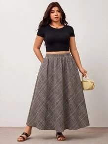 Enliva Plus Size High Waist Plaid A Line Maxi Skirt With Pockets Apple - Brown - View 3