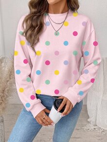 SHEIN LUNE 女款俏皮可愛彩色波點圖案運動衫，優雅休閒時尚，適合秋冬穿著 - 白色 - 查看 5