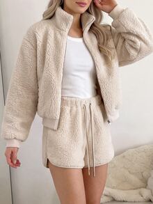 Easowa Zipper Front Plush Jacket Casual Relaxed Elegant Commute Old Money Style Autumn/Winter Women's Jacket - Khaki - View 6