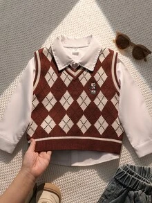 SHEIN Rompi Rajut Kasual Sehari-hari Motif Belah Ketupat untuk Anak Laki-Laki - Coklat - View 1