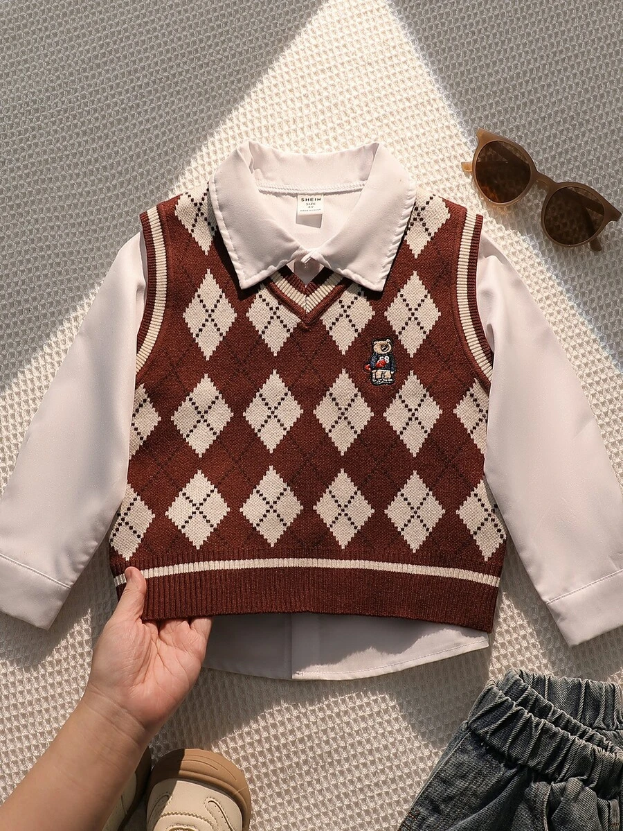 SHEIN Rompi Rajut Kasual Sehari-hari Motif Belah Ketupat untuk Anak Laki-Laki - Coklat - View 1