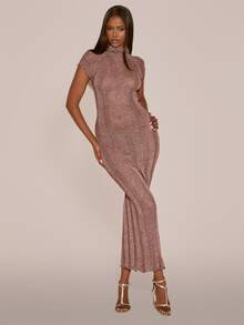 MUSERA High Neck Metallic Ribbed Knitted Short Sleeve Maxi Dress Sexy Evening Night Going Out Fall Winter Autumn Solitude - Brown - View 1