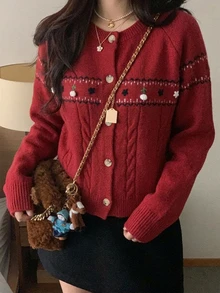 DAZY 女款圓領撞色花卉印花單排扣休閒時尚長袖開襟衫 - 酒紅色 - 查看 1