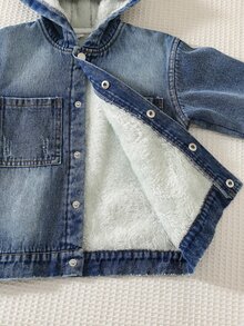 SHEIN Young Boy Autumn/Winter New Casual Minimalist Fashion Washed Denim Woven Solid Color Hooded Jacket - Blue - View 8