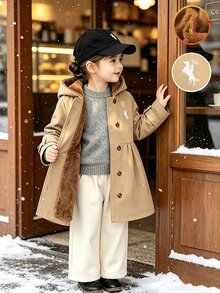 SHEIN Elladie kids 女童冬季外套，海軍藍馬刺繡圖案，保暖內裡，連帽，雙排扣，時尚夾克，適合休閒日常穿著與校園風格 - 卡其色 - 查看 1