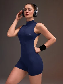 Powerista Women's Backless Short Athletic Jumpsuit - Navy Blue - View 2