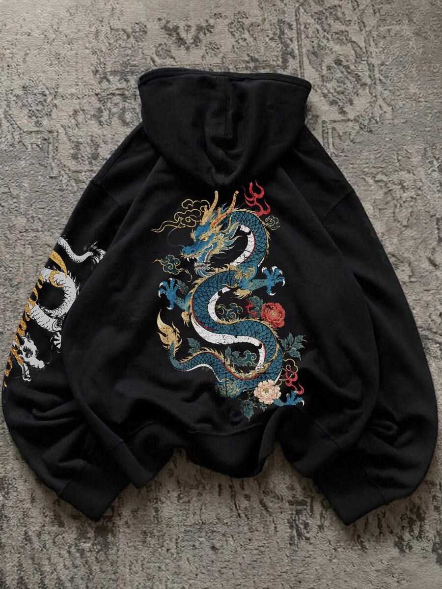 Attitoon 女款休閒寬鬆連帽衛衣，中國龍圖案印花，Y2K風格，復古，秋季服飾，適合日常通勤、聚會、夏季、聖誕節、新年、感恩節、派對、婚禮、海灘、出遊、約會、情人節、優雅、度假、Y2K - 彩色 - 查看 1