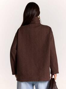 SHEIN BAE Mantel Wanita Polos Kerah Tinggi Kancing Dekorasi Saku Ganda Longgar Kasual Modis - Mocha Brown - View 2
