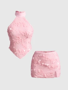 ROMWE Avant Autumn/Winter Party Sweet & Spicy Pink Sequin Tank Top And Low Waist Skirt 2 Pieces Set For Women - Pink - View 1