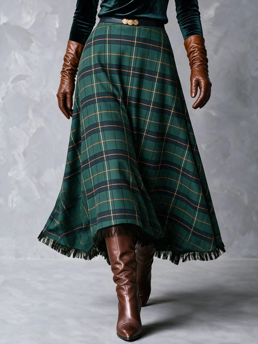 Solivie Women's Autumn Navy Blue Plaid Asymmetrical Hem Skirt - Green - View 1