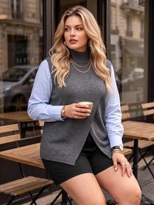 Vionelle Plus Size Women's Loose Diagonal Slit Knit Top, Suitable For Inner And Outer Layering - Grey - View 3