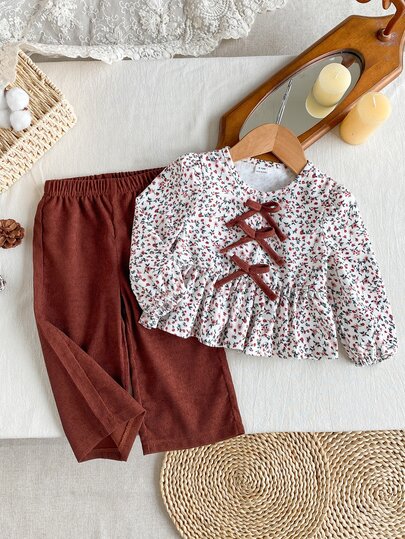 SHEIN Vintaside Kids Baby Girls 2 Pieces Set, Fashion Crushed Corduroy Top With 3D Front Bow & Brown Elastic Waist Wide Leg Pants, Spring Autumn Outfit For Daily & Party