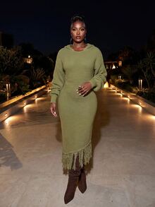 Slaydiva Hooded Off Shoulder Fringe Knit Maxi Dress Bodycon Mermaid Dress-A - Green - View 5