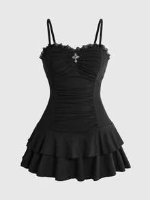 ROMWE Cross Y2K Ruched Cake Skirt Spaghetti Strap Plus Size Women Gothic Slip Dress - Black - View 1