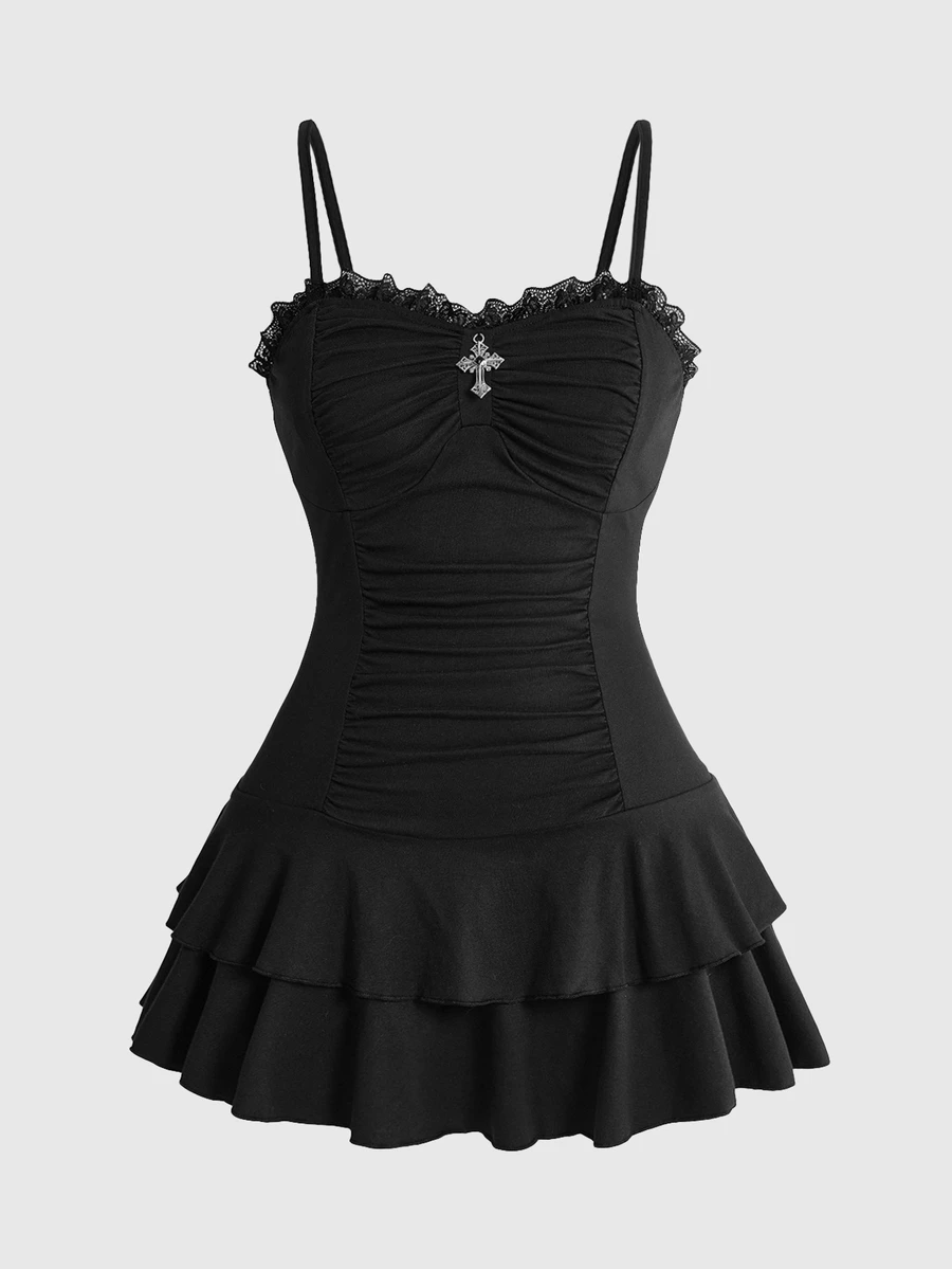 ROMWE Cross Y2K Ruched Cake Skirt Spaghetti Strap Plus Size Women Gothic Slip Dress - Black - View 1