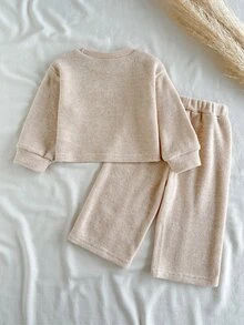 SHEIN Vintaside Kids 2件組女嬰上衣+寬腿褲，甜美優雅卡其色羅紋針織前縫線長袖圓領休閒款，適合生日、秋季、假日、聖誕節 - 卡其色 - 查看 2