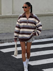 Muchica 女款秋季新款條紋半拉鍊 Polo 領夾克，秋冬新款女款運動衫，彩色條紋印花半拉鍊運動衫，戶外度假穿搭 - 彩色 - 查看 3
