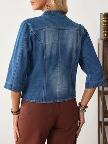 EMERY ROSE Women's 3/4 Sleeve Single-Breasted Casual Denim Jacket - Blue - View 9