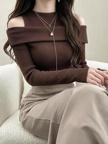 DAZY 女款純色二合一露肩修身時尚T恤 黑色 春秋款 - 咖啡棕 - 查看 7