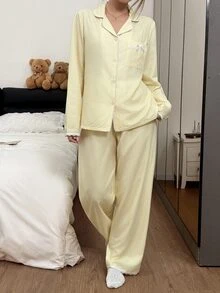 Napfluff Exquisite Lace Trim Striped Pajama Set, Minimalist Lapel Button Design Long Sleeve Comfortable Loungewear - Yellow - View 5