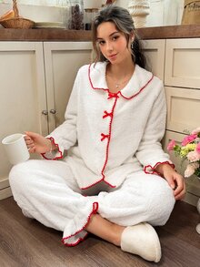 Snug Reverie Bộ đồ ngủ 2 món nỉ lông mùa đông phối viền tương phản - trắng - Xem 5