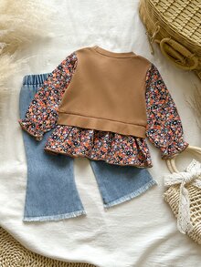 SHEIN Vintaside Kids 2pcs Toddler Baby Girl Peplum Top Flare Pants Set Cute Sweet Brown Blue Ribbed Floral Ruffle Fringed Long Sleeve Round Neck Holiday Fall - Brown - View 2