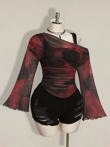 SHEIN ICON 女款大尺碼紮染圖案單肩長袖時尚上衣 - 酒紅色 - 查看 7