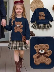 SHEIN LMoss Kids 少女復古時尚百搭休閒日常穿搭，適合秋季冬季，適用於外出與校園 - 寶藍色 - 查看 3