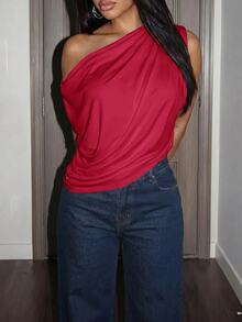 Slaydiva Slightly V-Neck Batwing Sleeve Sleeveless Shoulder-Slit Lo - Red - View 6